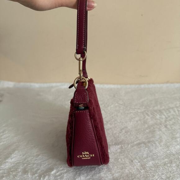 Coach Shearling Fur Shoulder Bag Burgundy Wine Leather Mini Y2K Cozy Chic - Picture 8 of 15